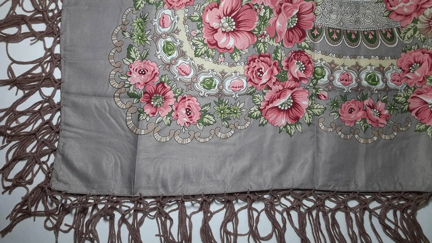 Traditional Polish Ukrainian Folk Shawl with Fringes - Khaki