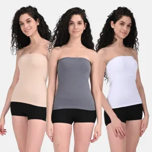 Tube Tank For Women | Off-Shoulder Design | Built-In Tube Bra | Anti-Slip Silicone Elastic | Body-Hugging Fit | Full Coverage | Soft Cotton Blend | Pack Of 3