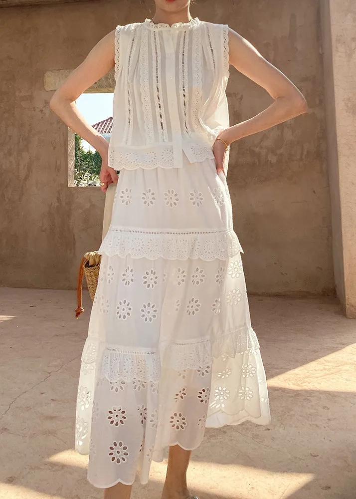 Two Out Hollow And Blouses French Cotton Pieces Skirts Set White