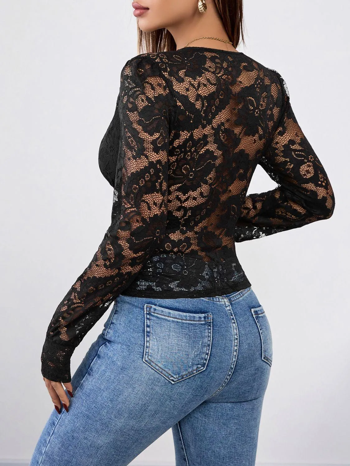 V-Neck Lace Top w/ Long Sleeves