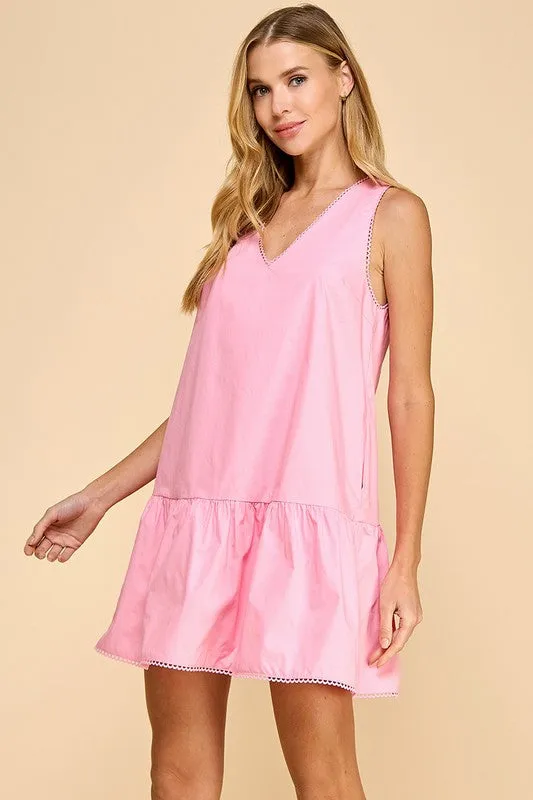 V Neckline Dropped Waist Poplin Dress