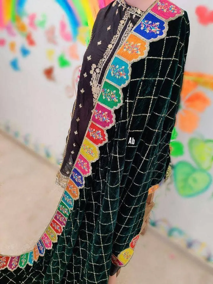 Velvet Embroidered Shawl/D 25\Green