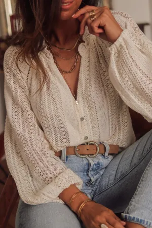 Vintage Bohemian Beach Hollow Out Blouse for Women - Loose Fit V-Neck Cotton Top