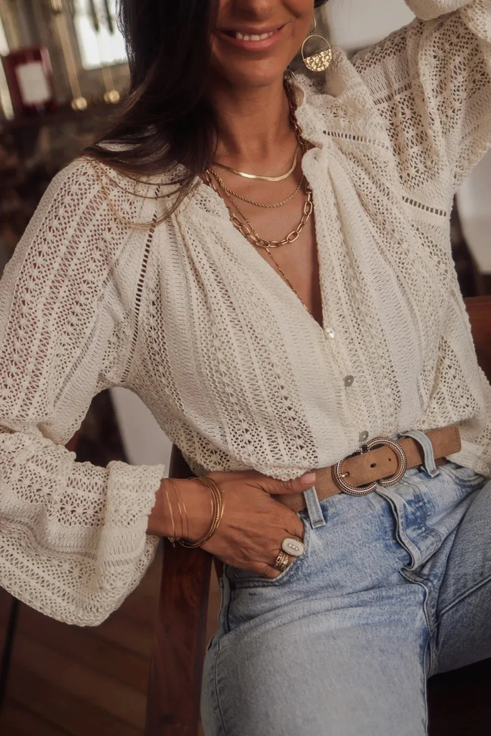Vintage Bohemian Beach Hollow Out Blouse for Women - Loose Fit V-Neck Cotton Top