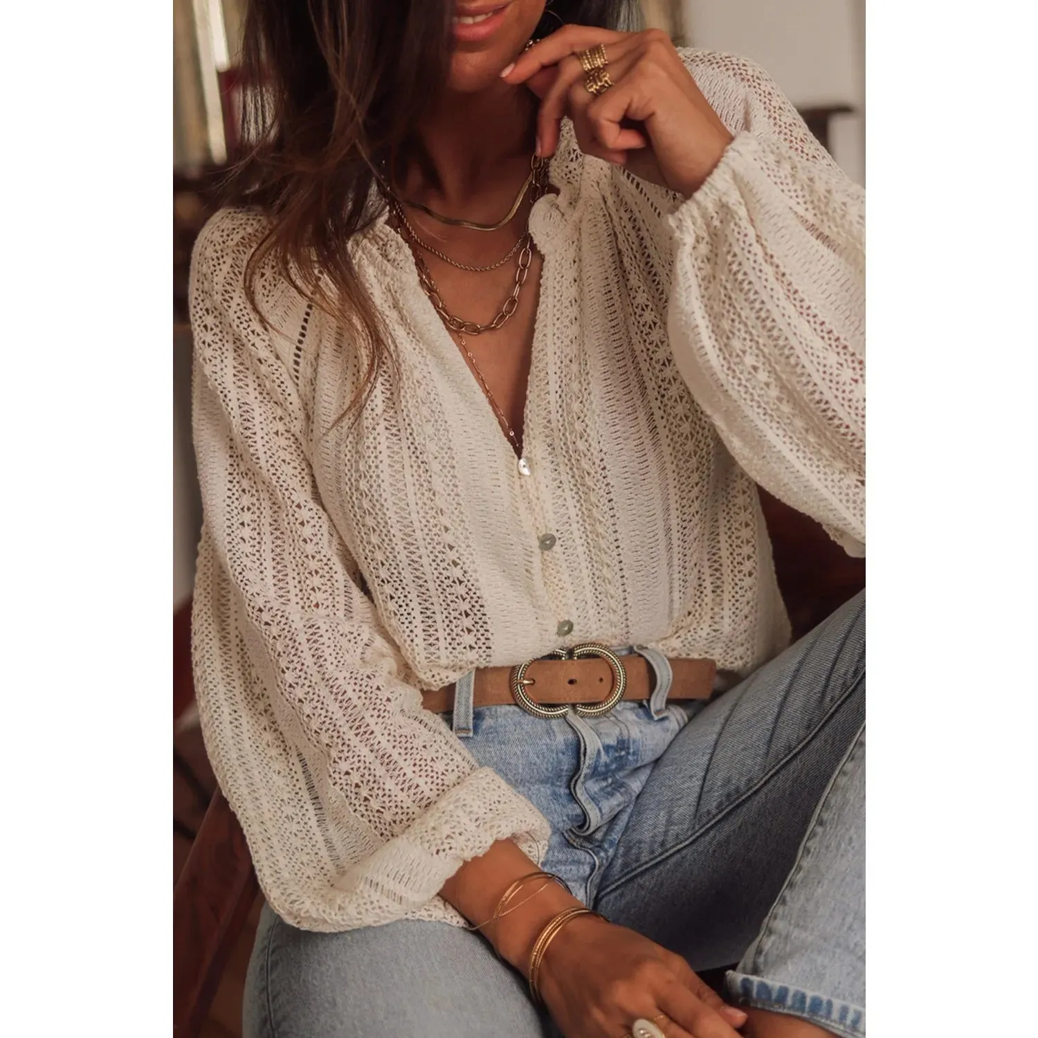 Vintage Bohemian Beach Hollow Out Blouse for Women - Loose Fit V-Neck Cotton Top