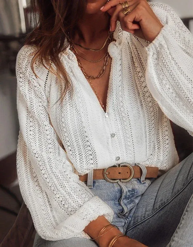 Vintage Bohemian Beach Hollow Out Blouse for Women - Loose Fit V-Neck Cotton Top