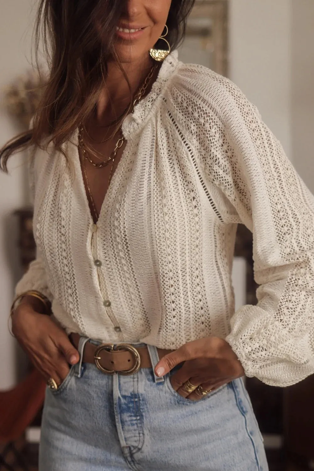 Vintage Bohemian Beach Hollow Out Blouse for Women - Loose Fit V-Neck Cotton Top