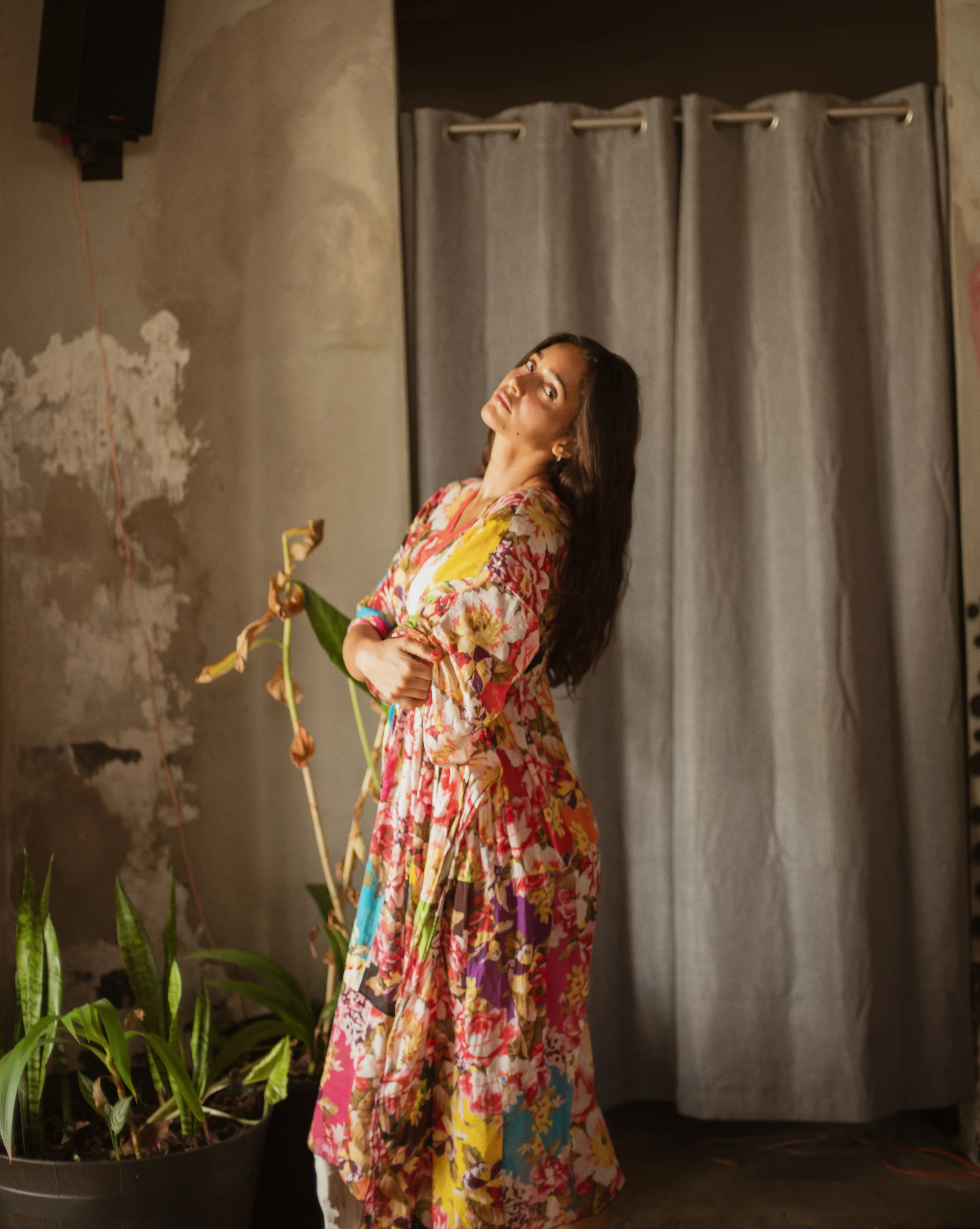 Vintage cotton voile patchwork rose print caftan