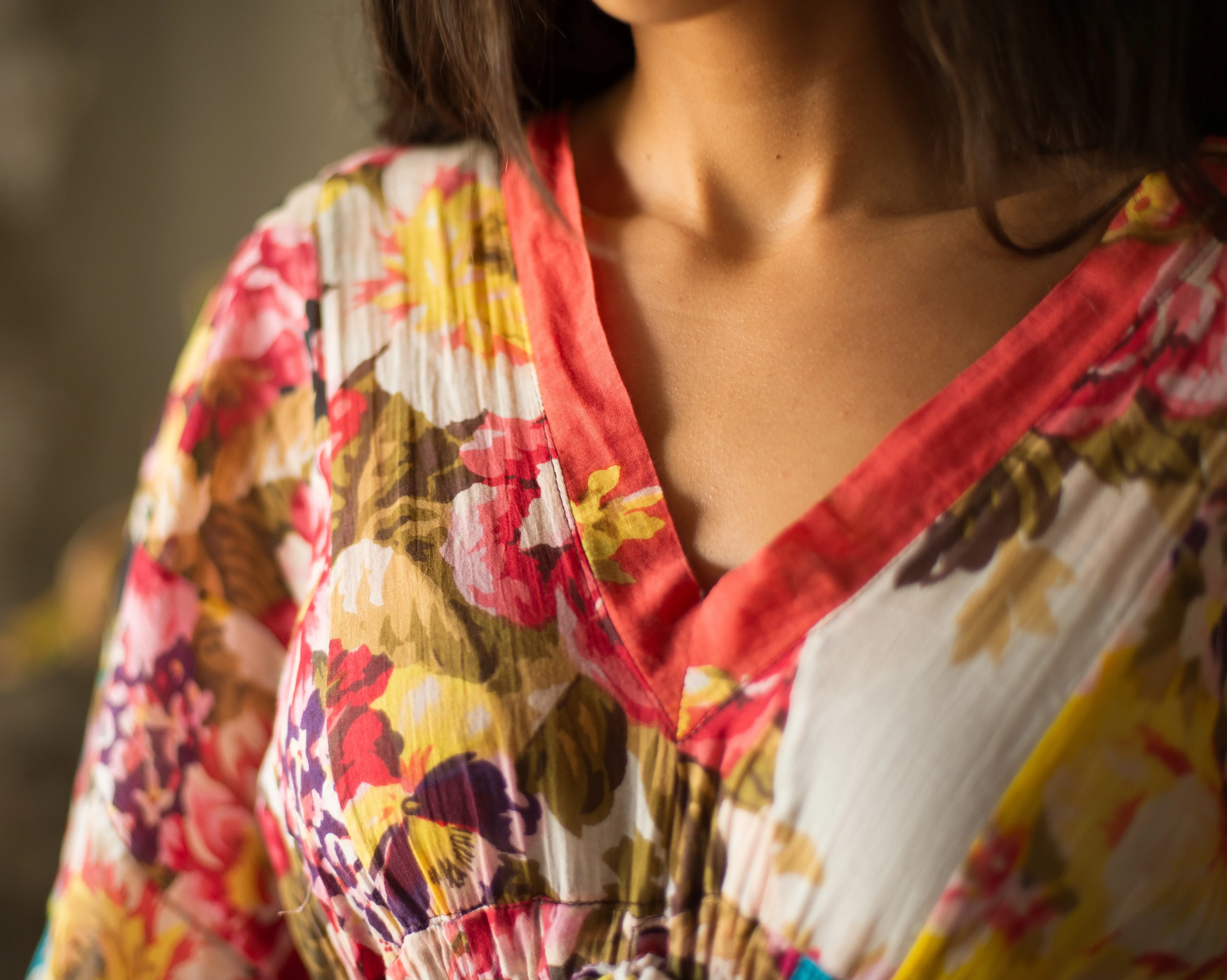 Vintage cotton voile patchwork rose print caftan