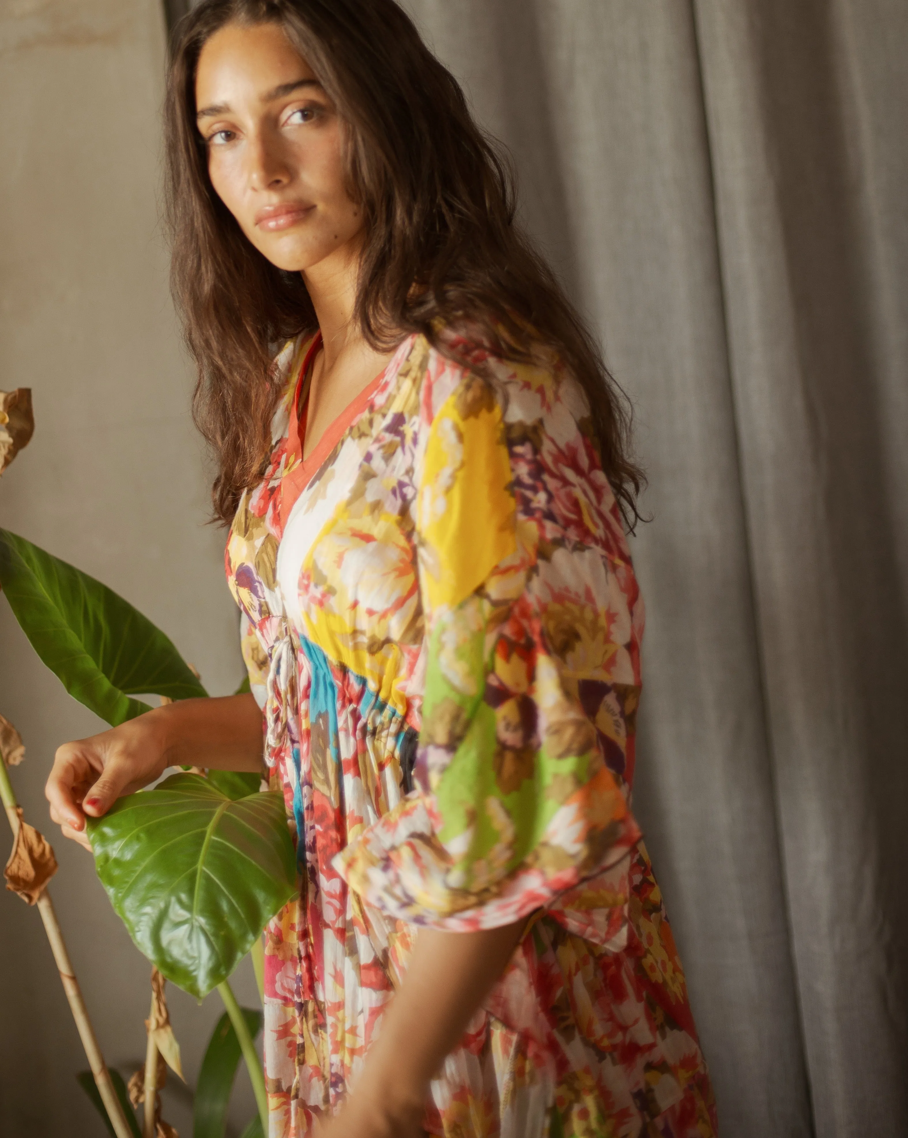 Vintage cotton voile patchwork rose print caftan