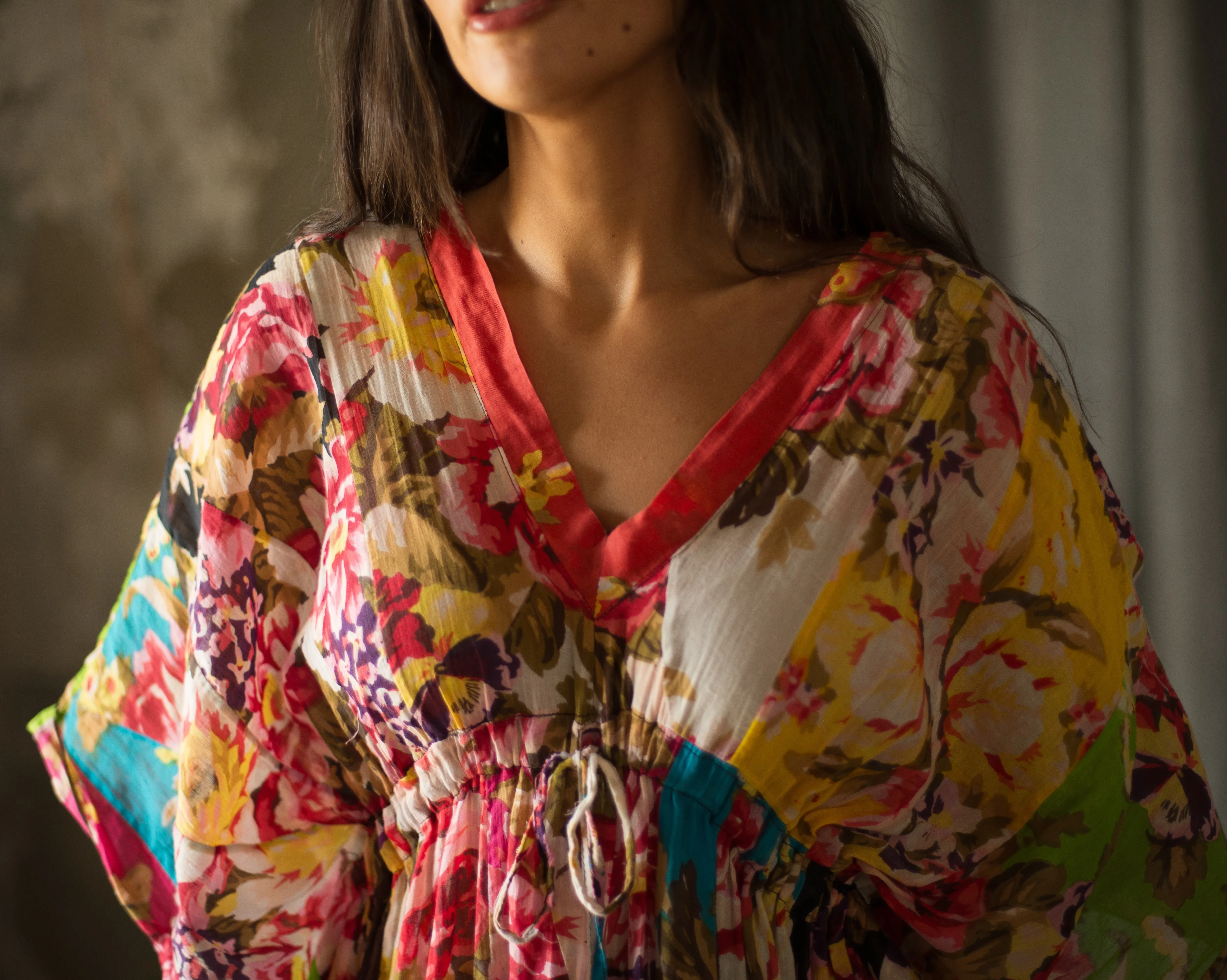 Vintage cotton voile patchwork rose print caftan