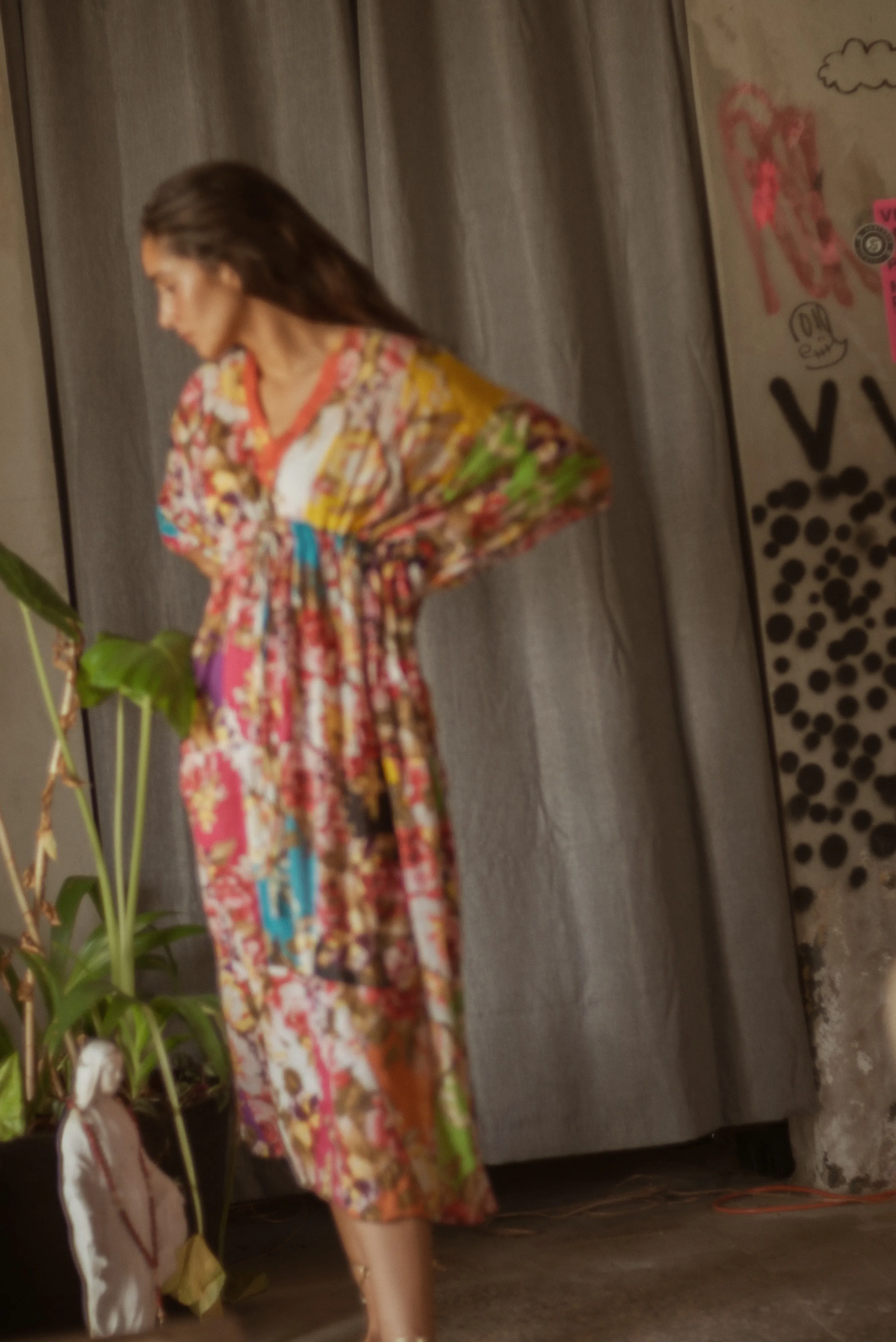 Vintage cotton voile patchwork rose print caftan