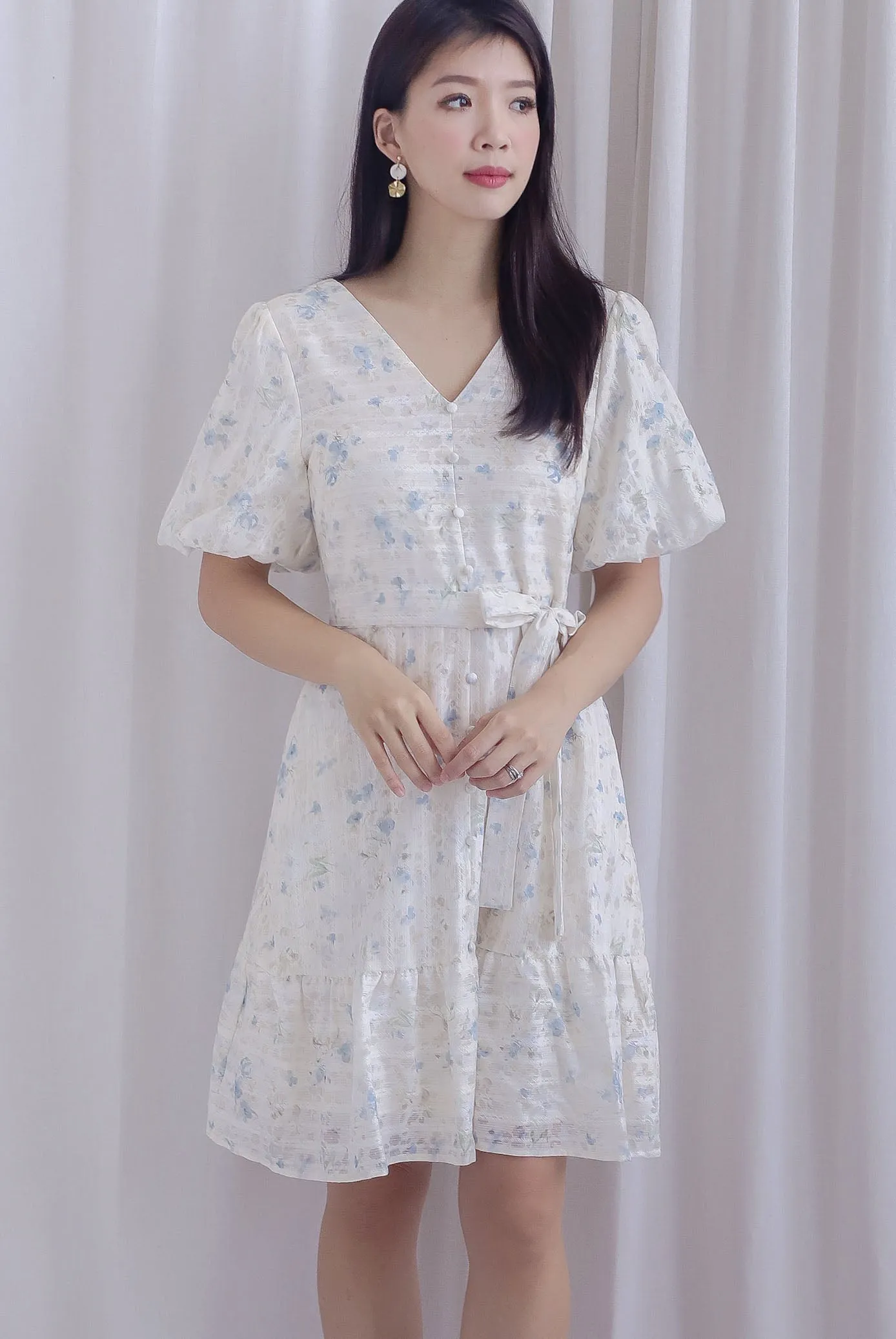 Violet Floral Lattice Puffy Sleeve Babydoll Dress In Blue