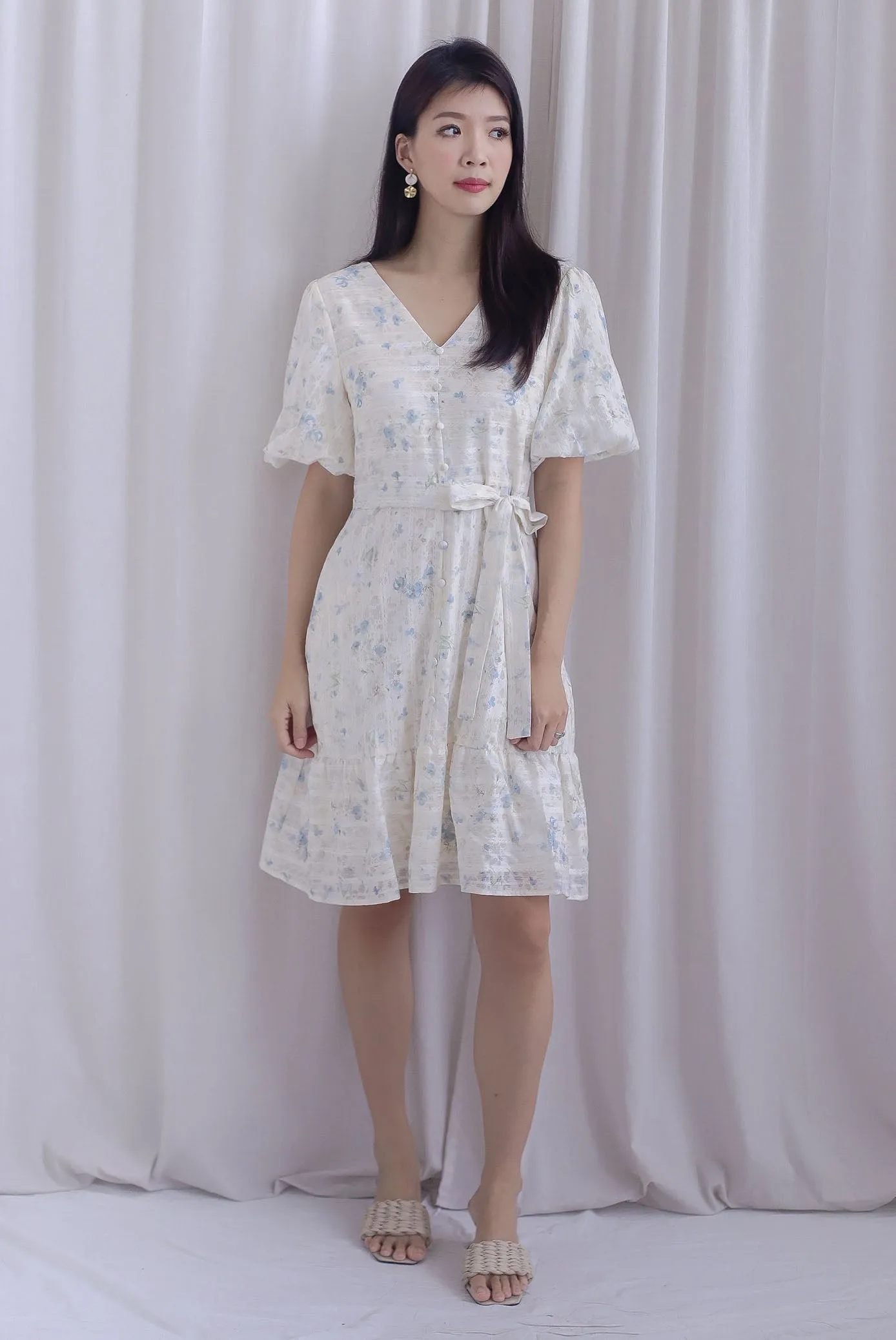 Violet Floral Lattice Puffy Sleeve Babydoll Dress In Blue
