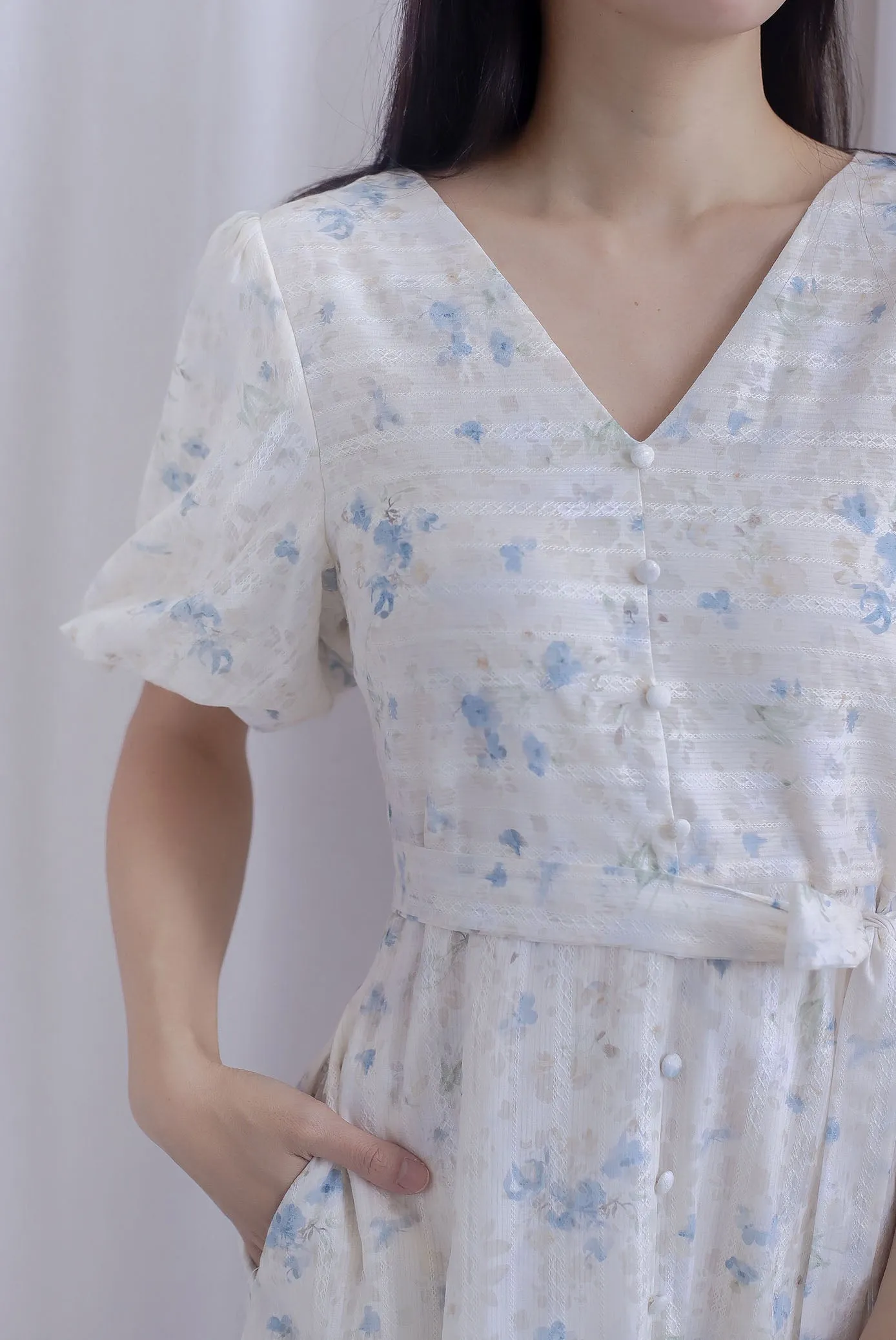 Violet Floral Lattice Puffy Sleeve Babydoll Dress In Blue