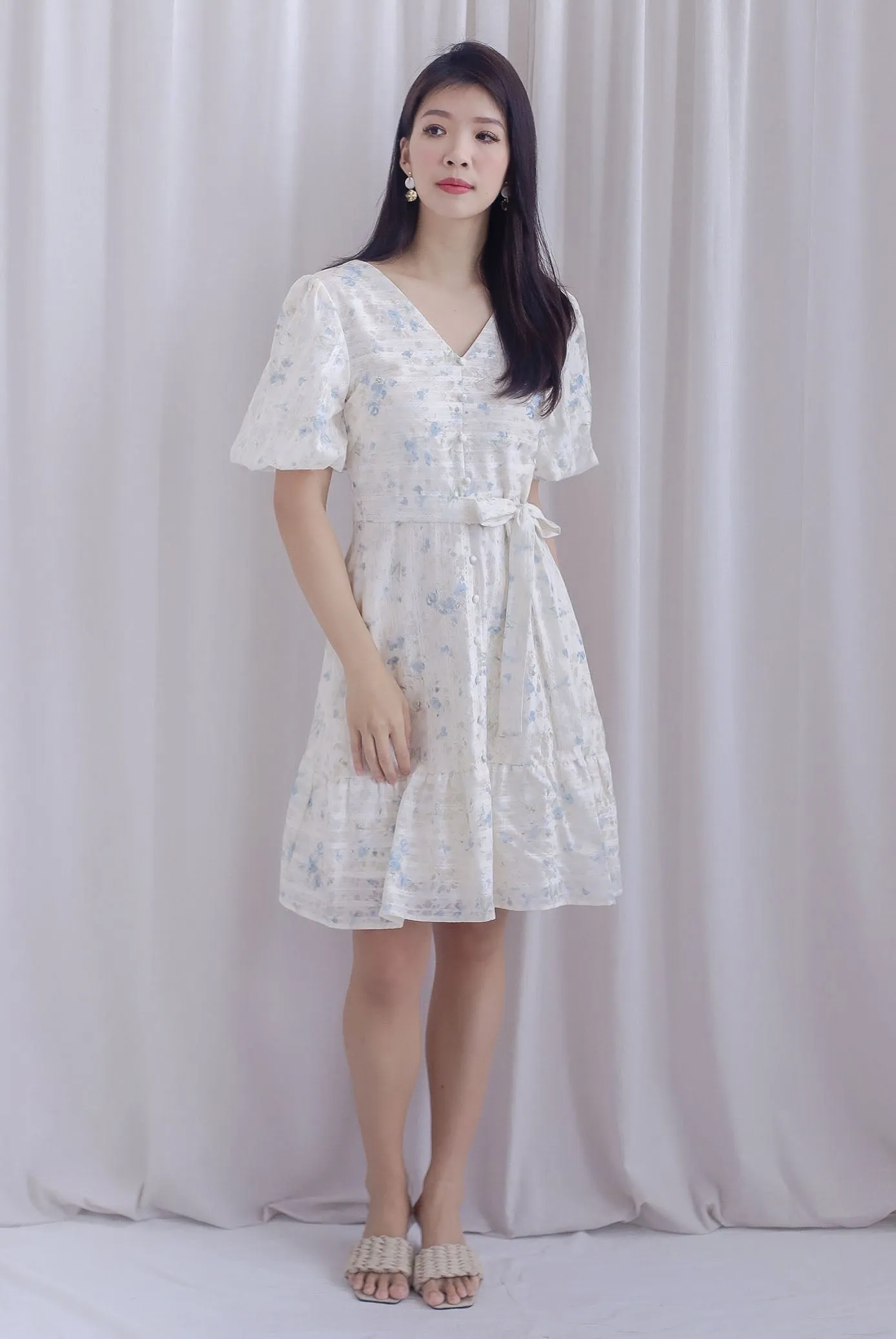 Violet Floral Lattice Puffy Sleeve Babydoll Dress In Blue