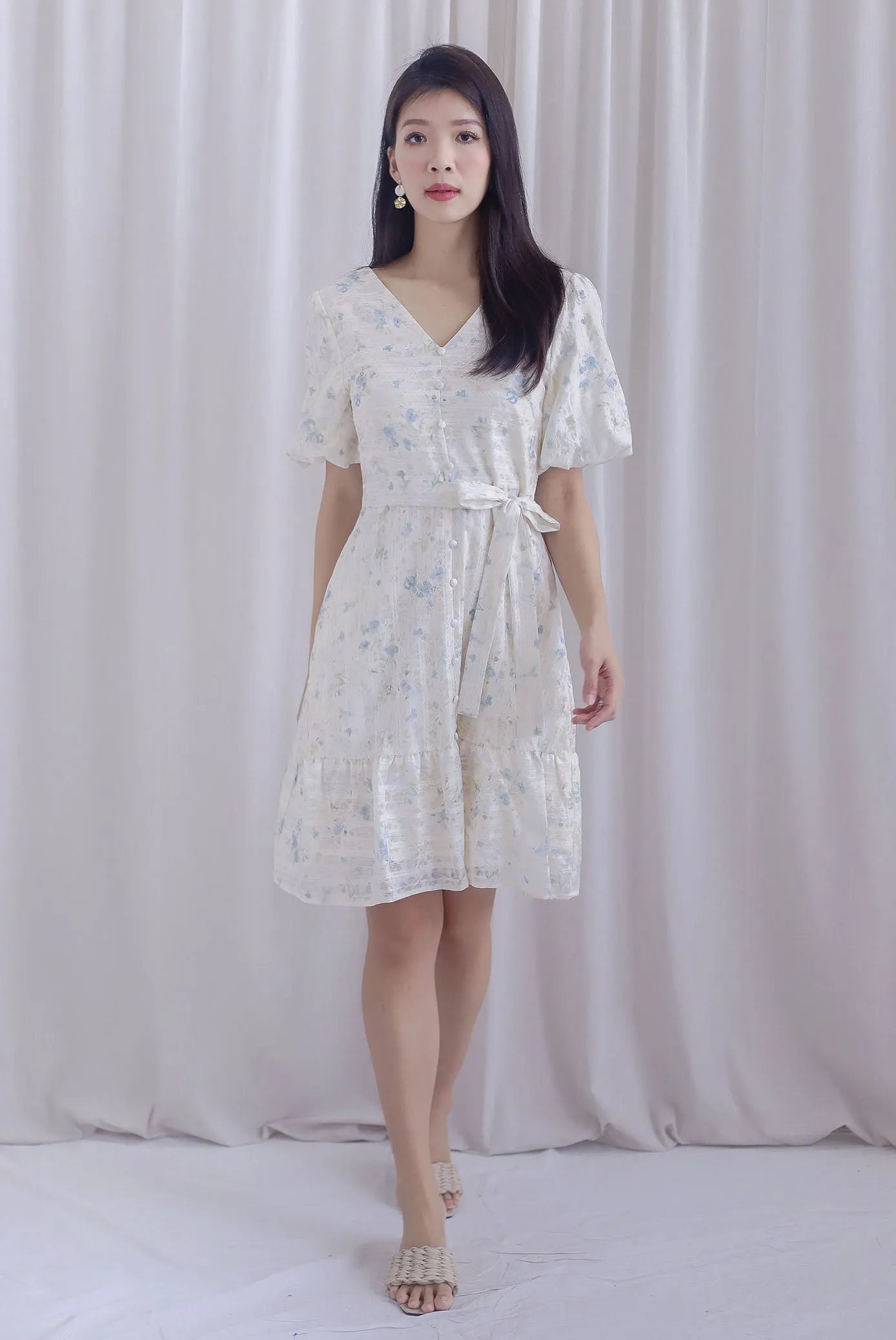 Violet Floral Lattice Puffy Sleeve Babydoll Dress In Blue