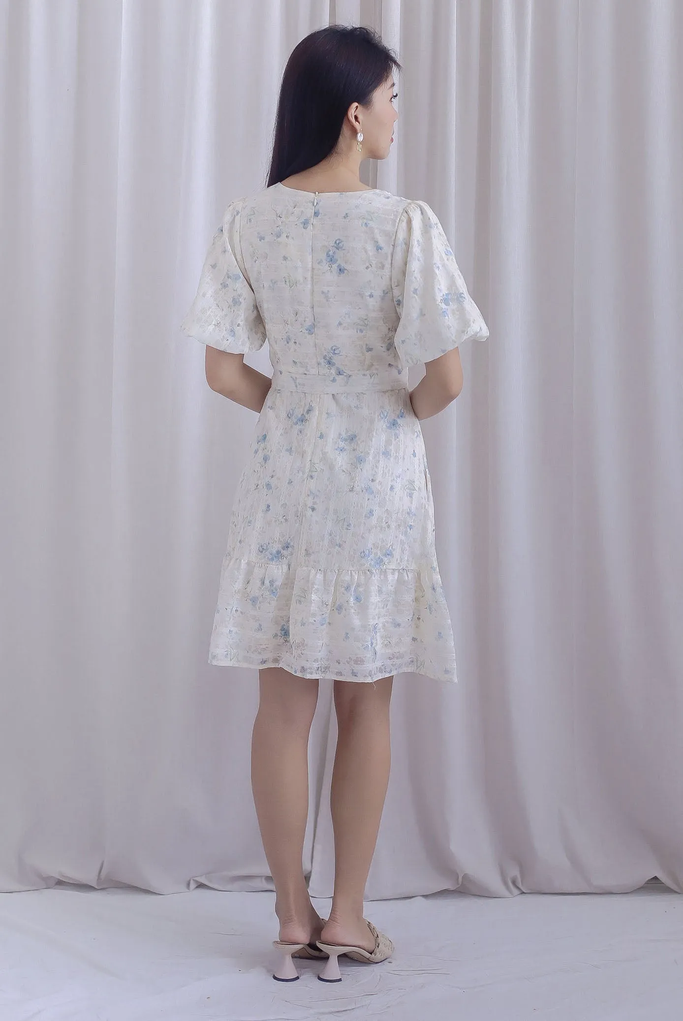 Violet Floral Lattice Puffy Sleeve Babydoll Dress In Blue