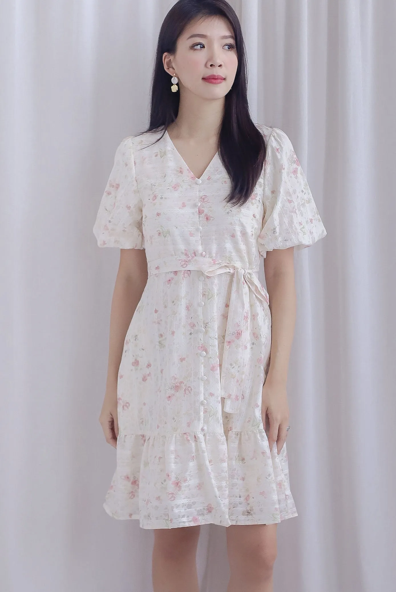Violet Floral Lattice Puffy Sleeve Babydoll Dress In Pink