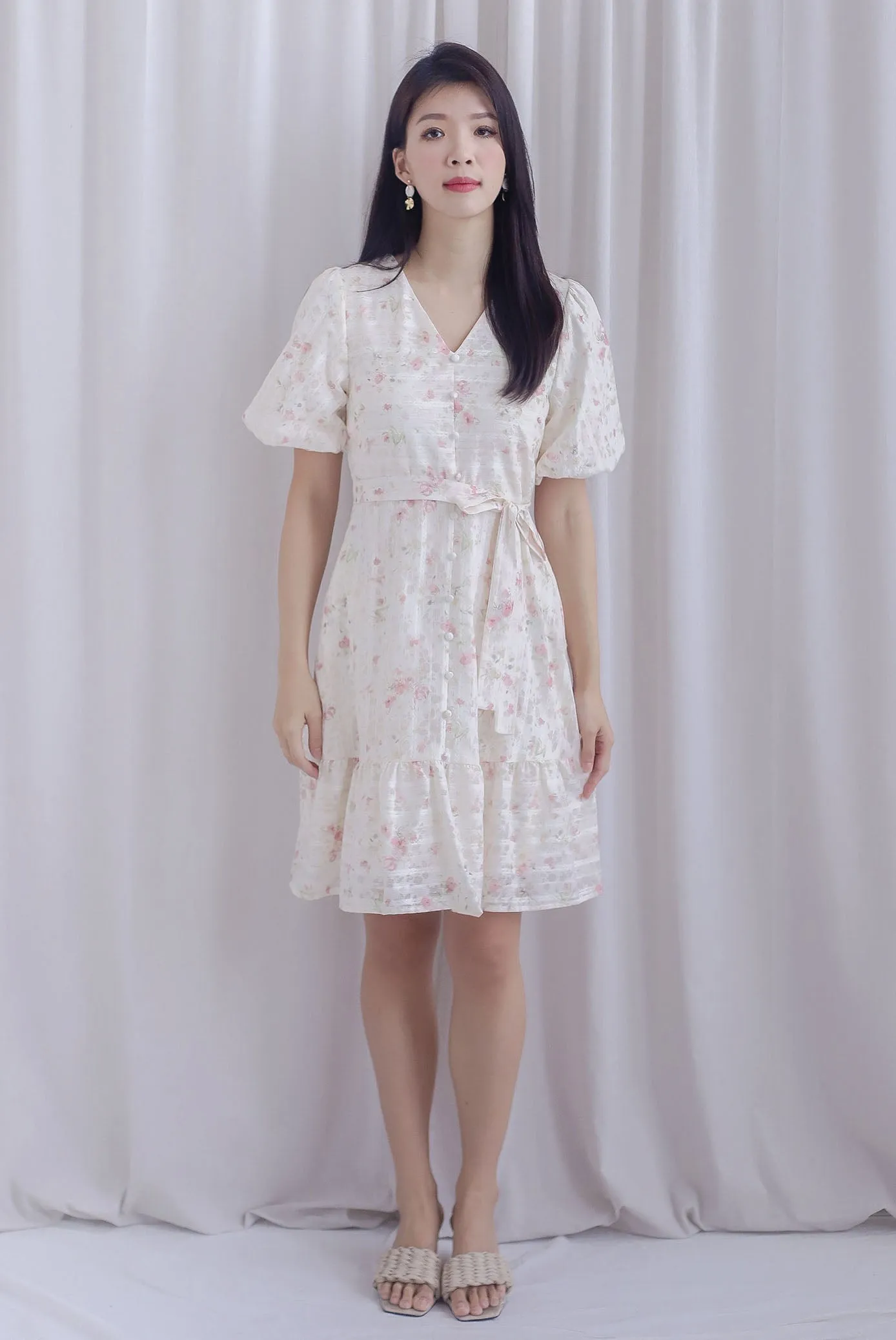Violet Floral Lattice Puffy Sleeve Babydoll Dress In Pink