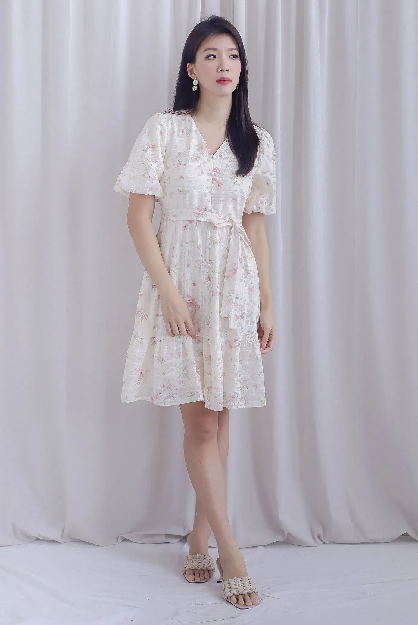 Violet Floral Lattice Puffy Sleeve Babydoll Dress In Pink