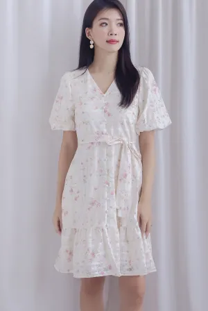 Violet Floral Lattice Puffy Sleeve Babydoll Dress In Pink