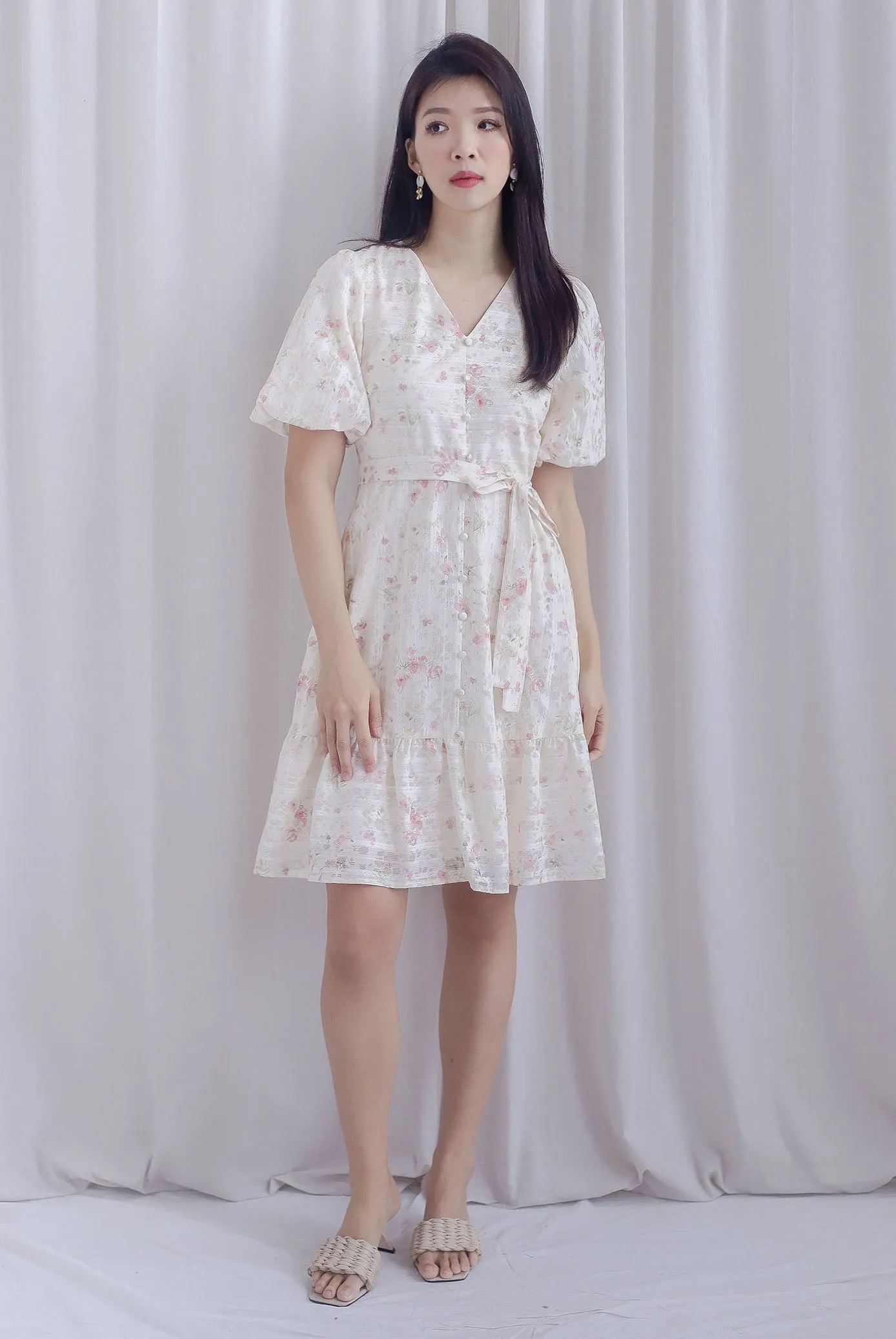 Violet Floral Lattice Puffy Sleeve Babydoll Dress In Pink