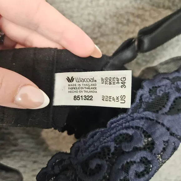 Wacoal Instant Icon Underwire Bra 34G Black Blue Scalloped Underwired 851322