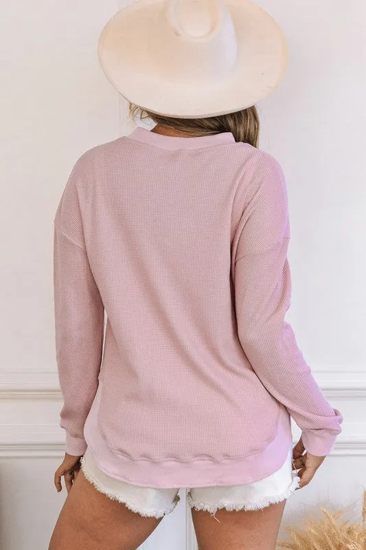 Waffle Knit Pullover Top with Slits