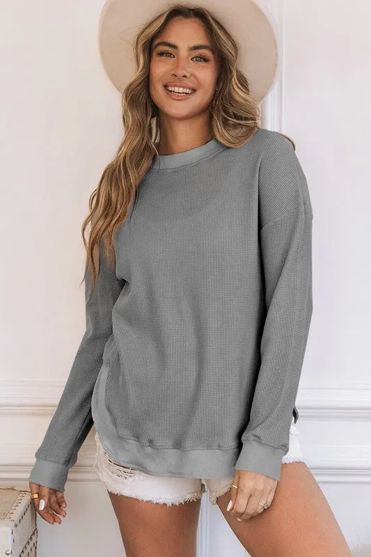 Waffle Knit Pullover Top with Slits