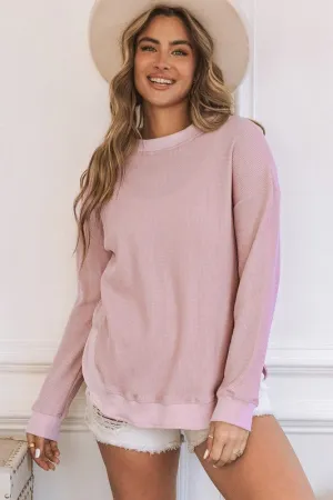 Waffle Knit Pullover Top with Slits