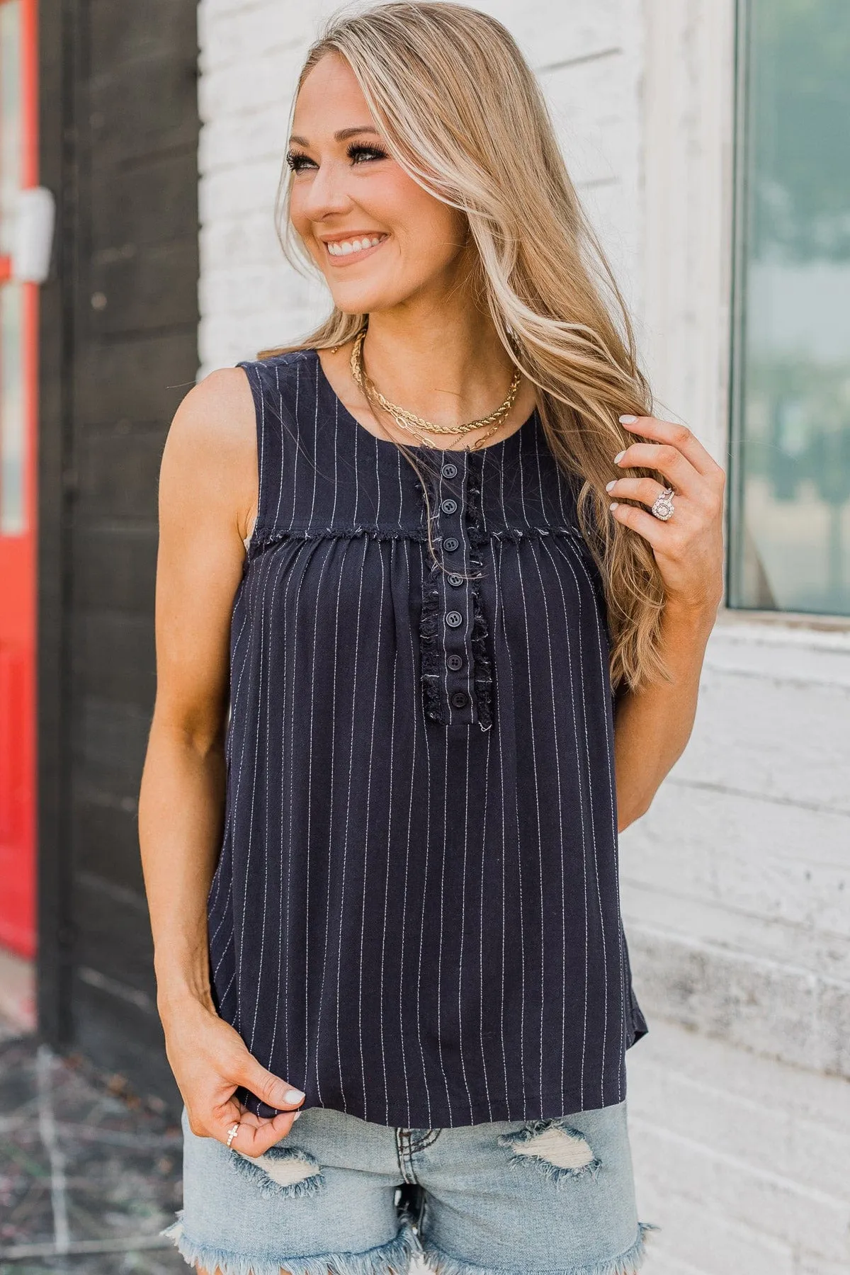 Wait For It Striped Tank Top- Navy