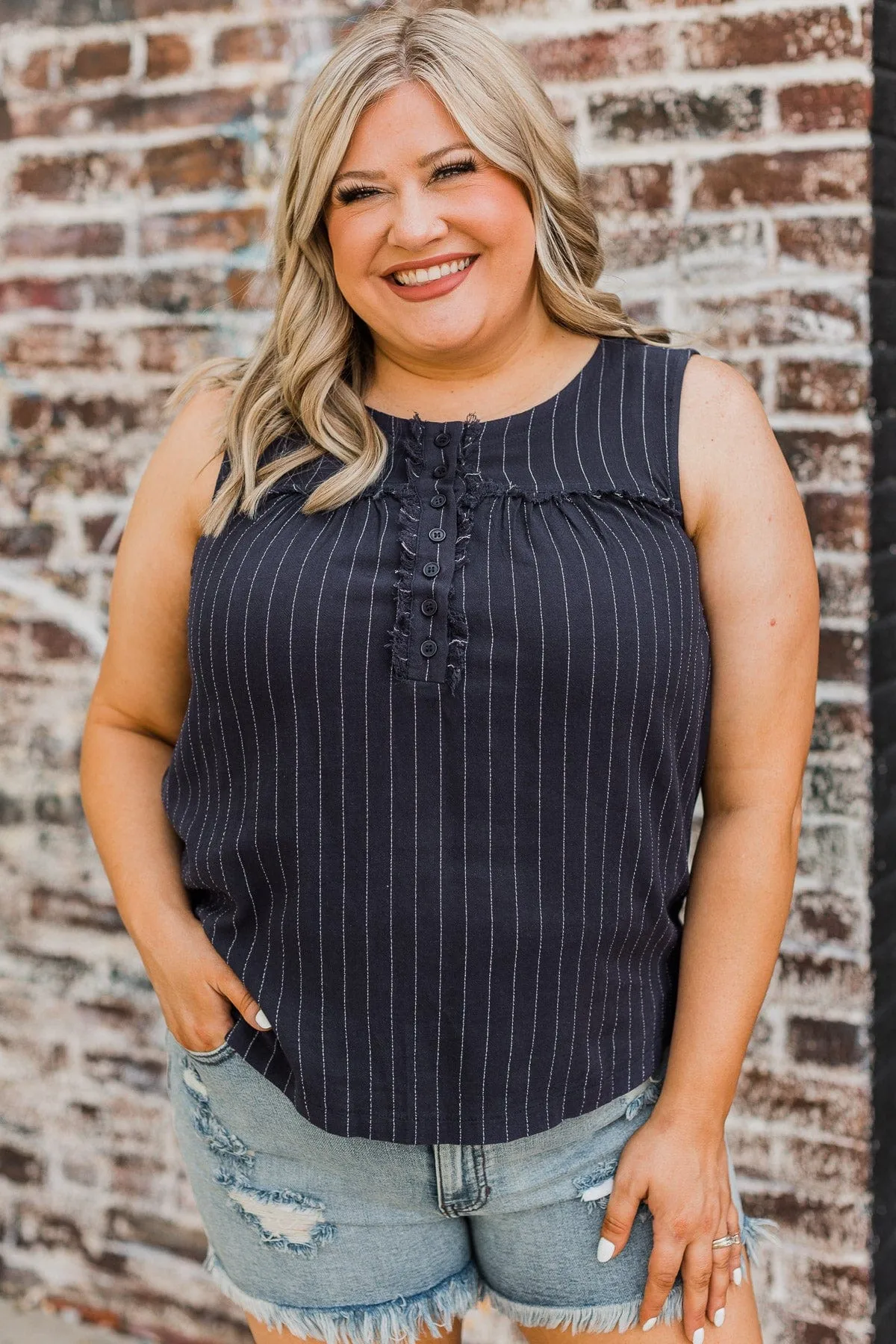 Wait For It Striped Tank Top- Navy