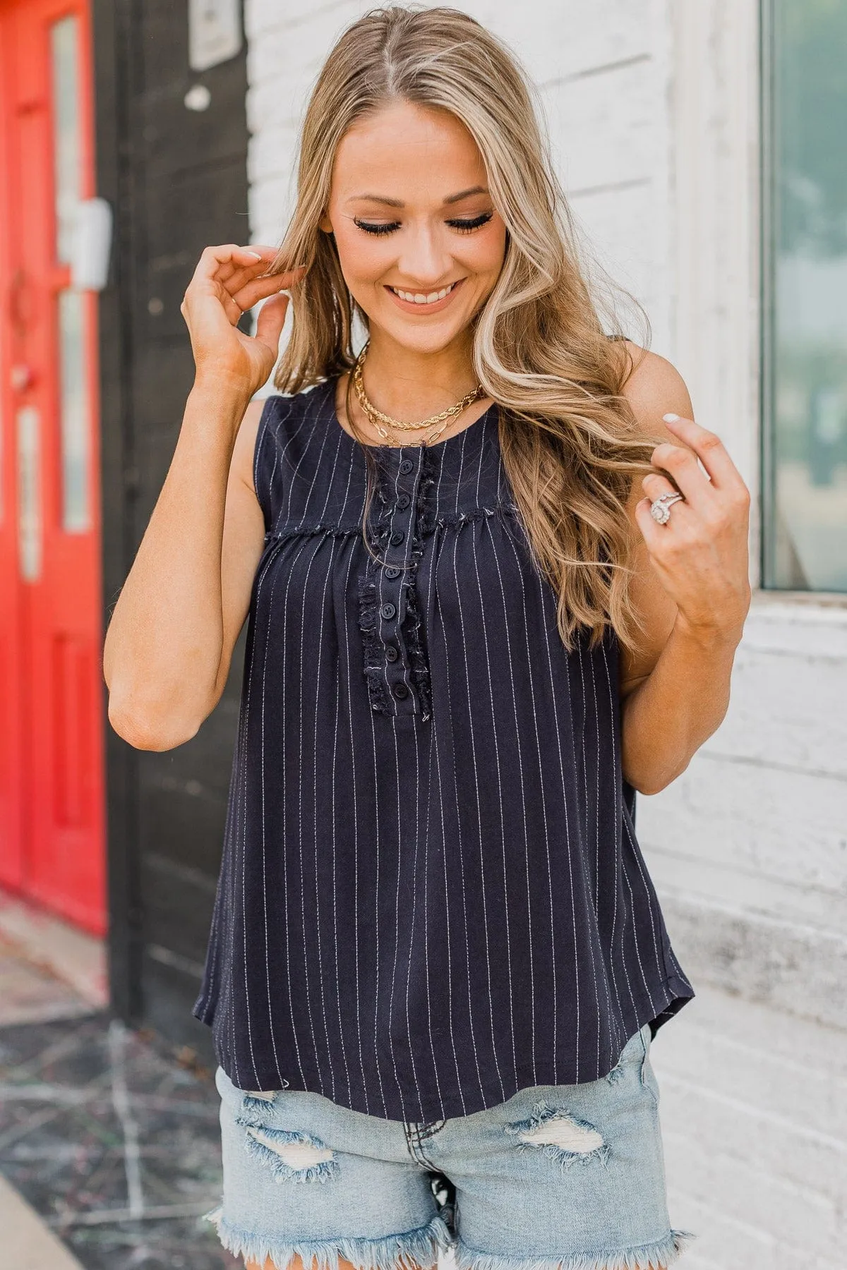 Wait For It Striped Tank Top- Navy