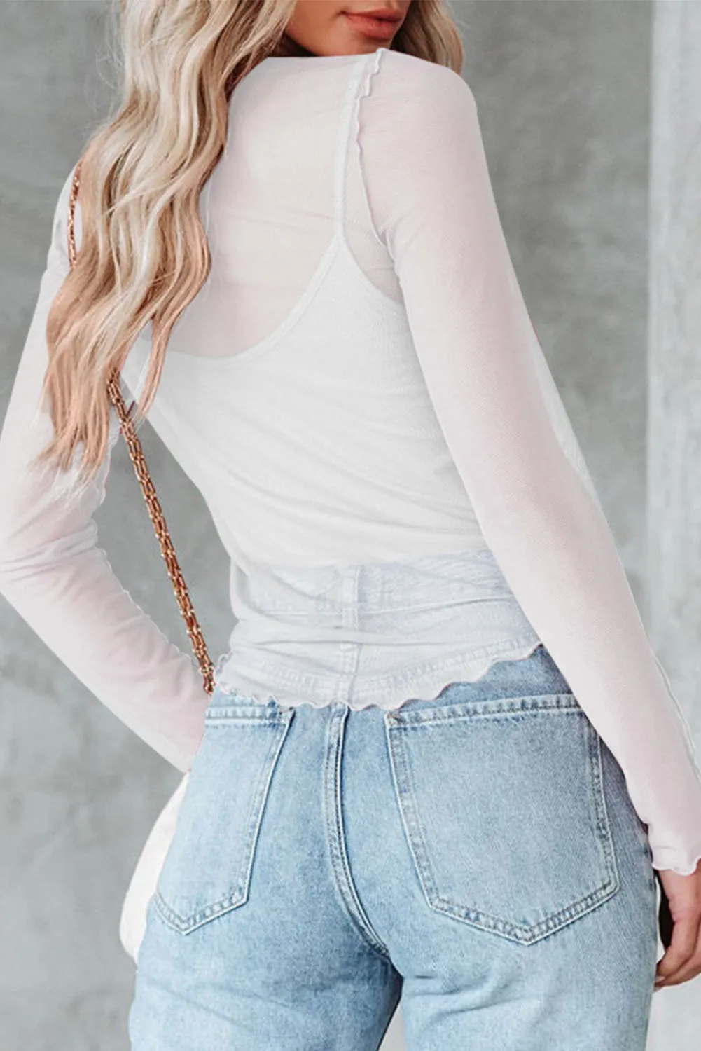 White Accent Seam Sheer Long Sleeve Mesh Top