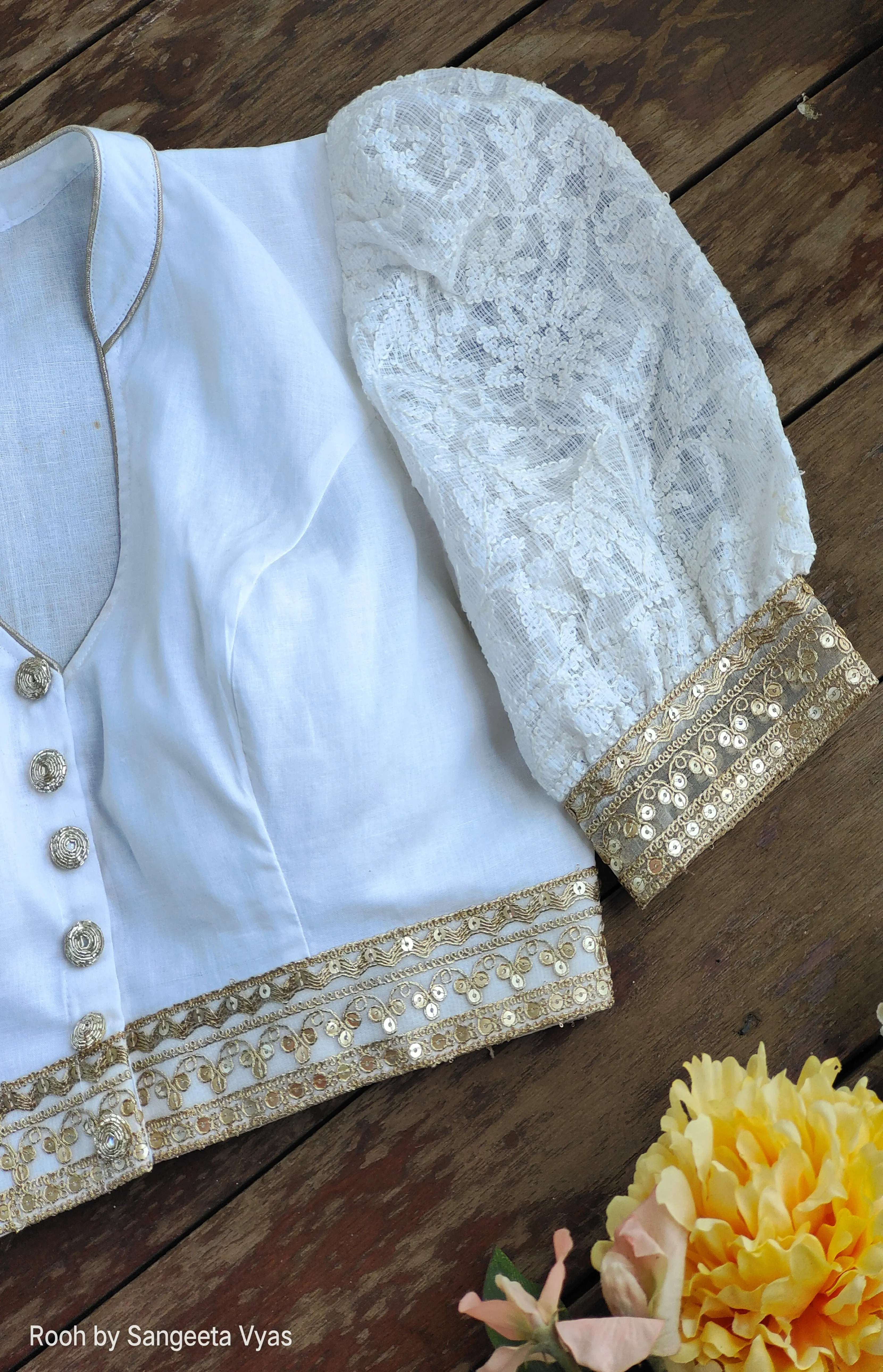 White Cotton Blouse with Puffed Chikankari Sleeves