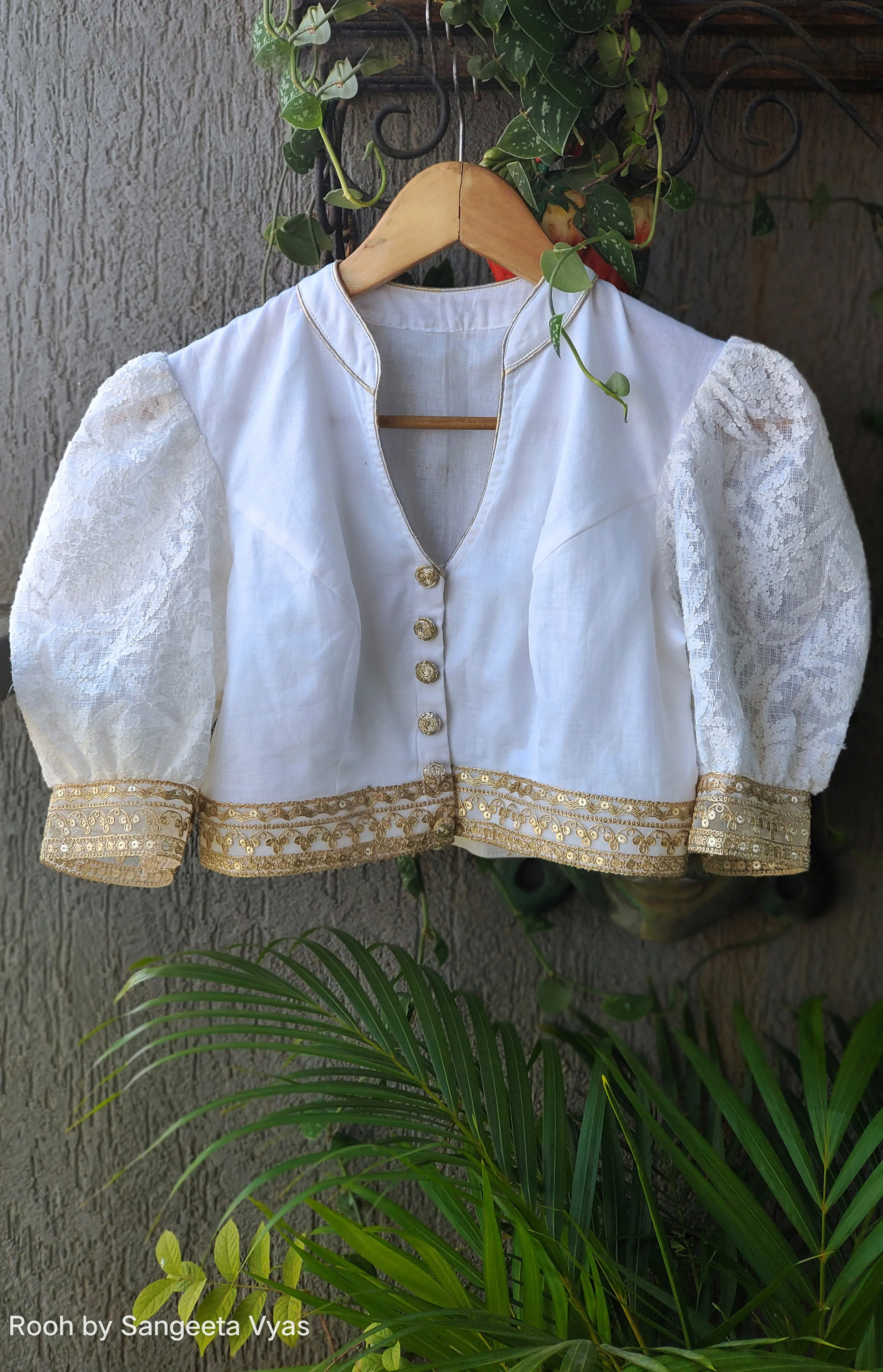 White Cotton Blouse with Puffed Chikankari Sleeves