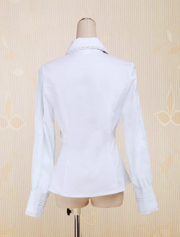 White Cotton Lolita Blouse Long Sleeves Turn-down Collar Bow