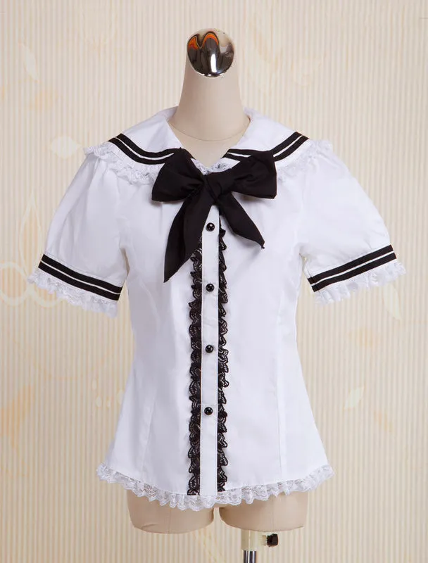 White Cotton Lolita Blouse Short Sleeves Sailor Style Lace Trim Bow