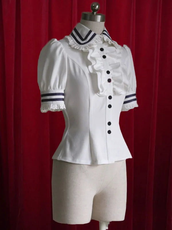 White Lolita Blouse Stripes Tie Ruffles Cotton Blouse for Women