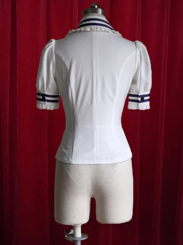 White Lolita Blouse Stripes Tie Ruffles Cotton Blouse for Women