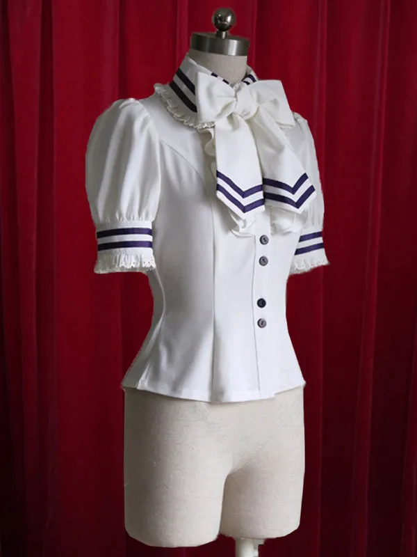 White Lolita Blouse Stripes Tie Ruffles Cotton Blouse for Women