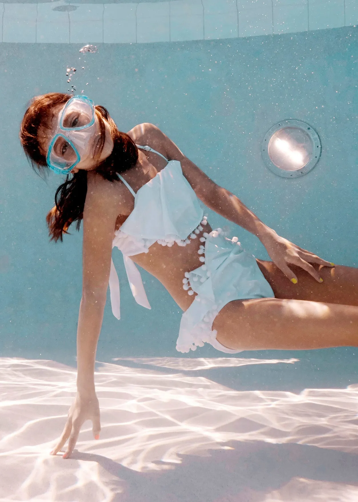 White Ruffle Bikini with Pom Poms