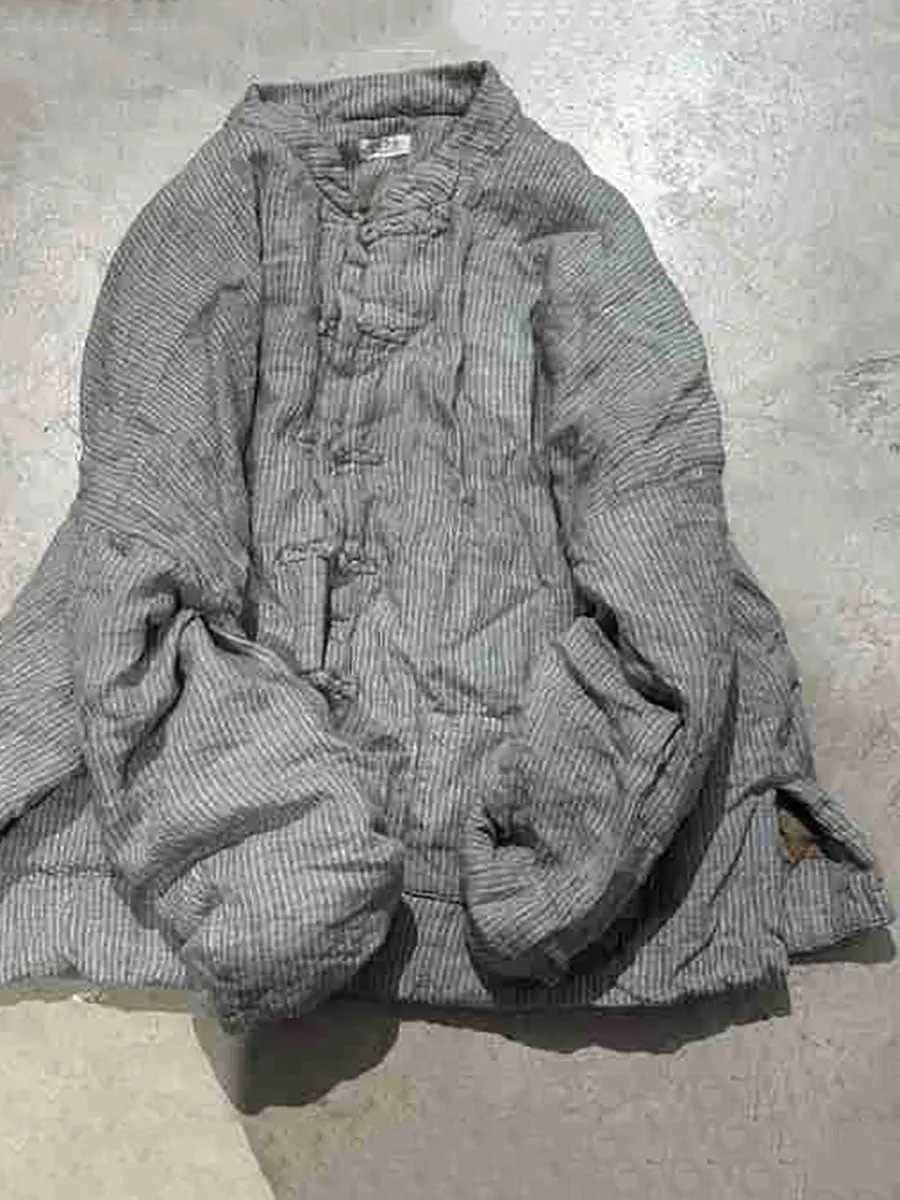 Women Ethnic Autumn Stripe Cotton Stand Collar Coat