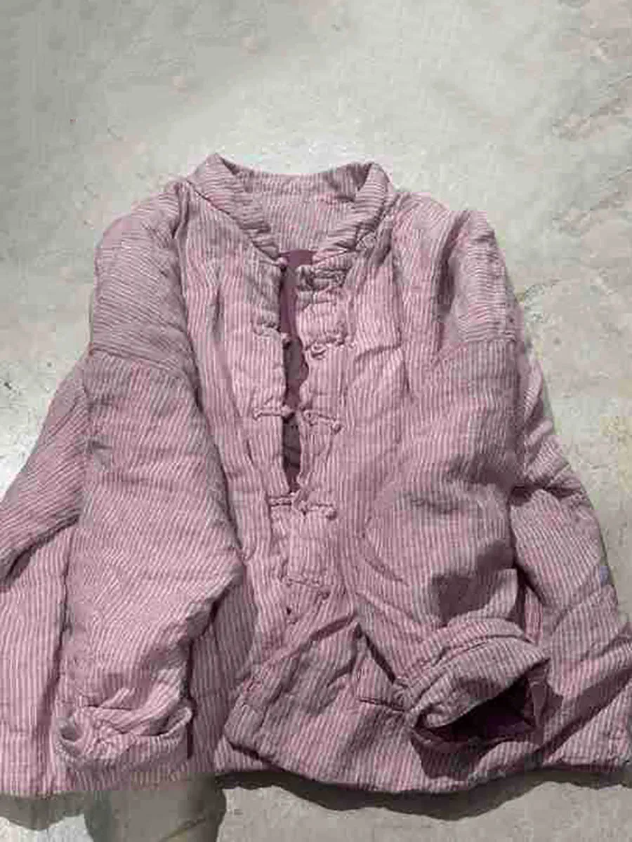 Women Ethnic Autumn Stripe Cotton Stand Collar Coat