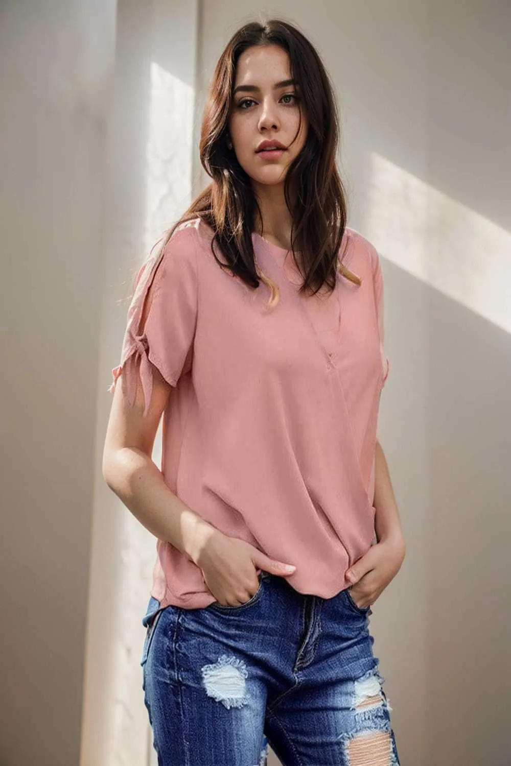 women s blouses loose solid belted long sleeve blouse