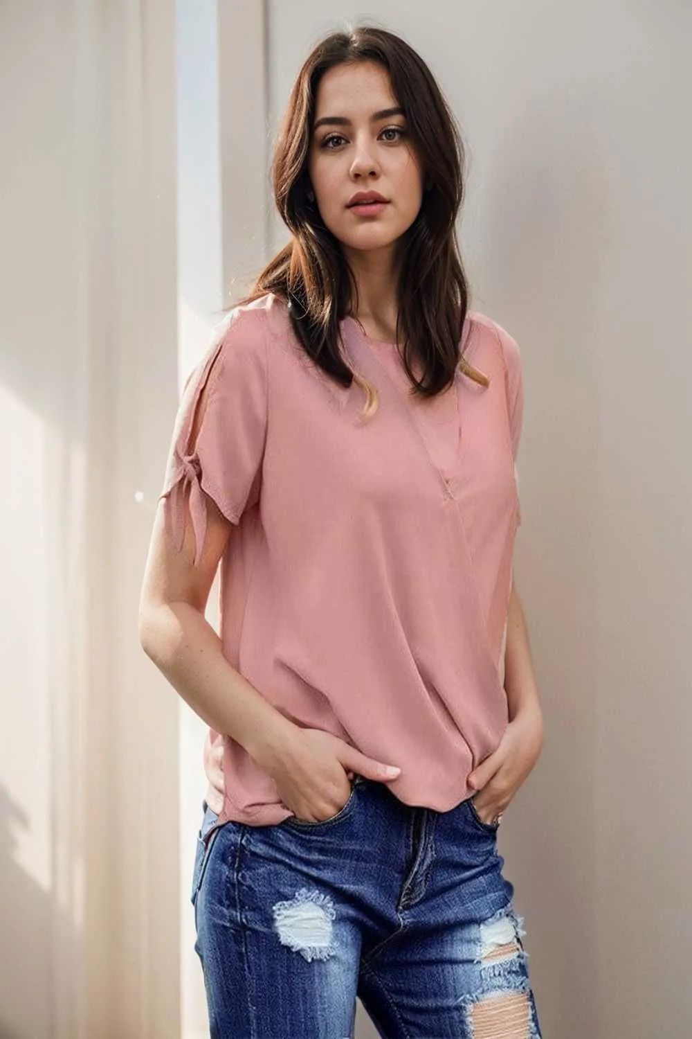 women s blouses loose solid belted long sleeve blouse