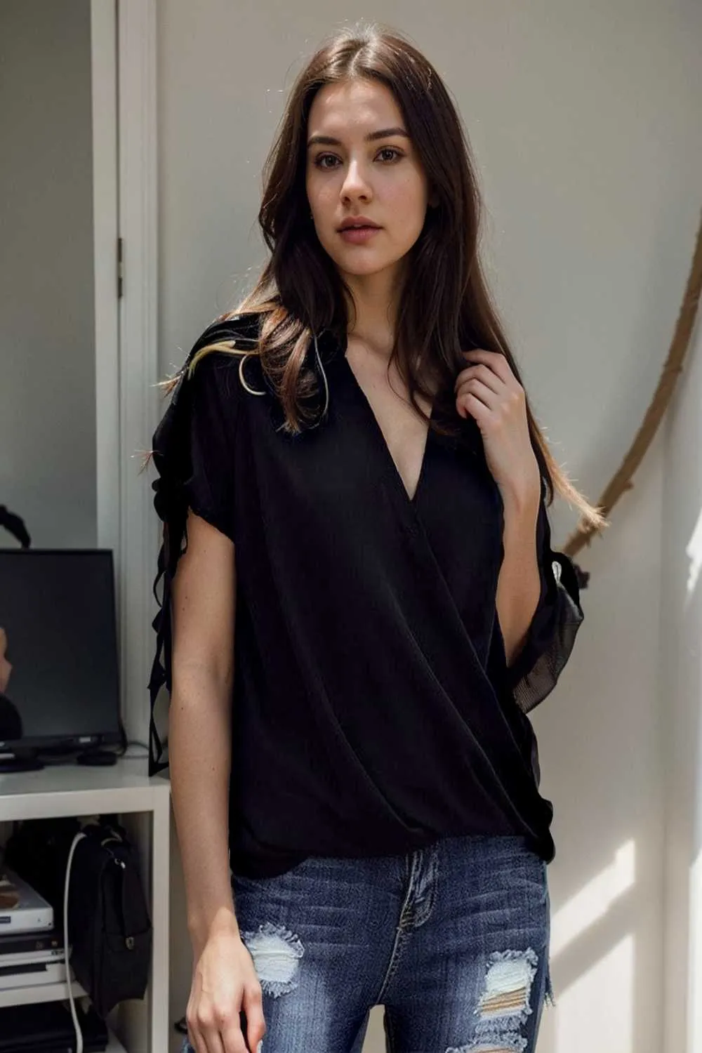 women s blouses loose solid belted long sleeve blouse