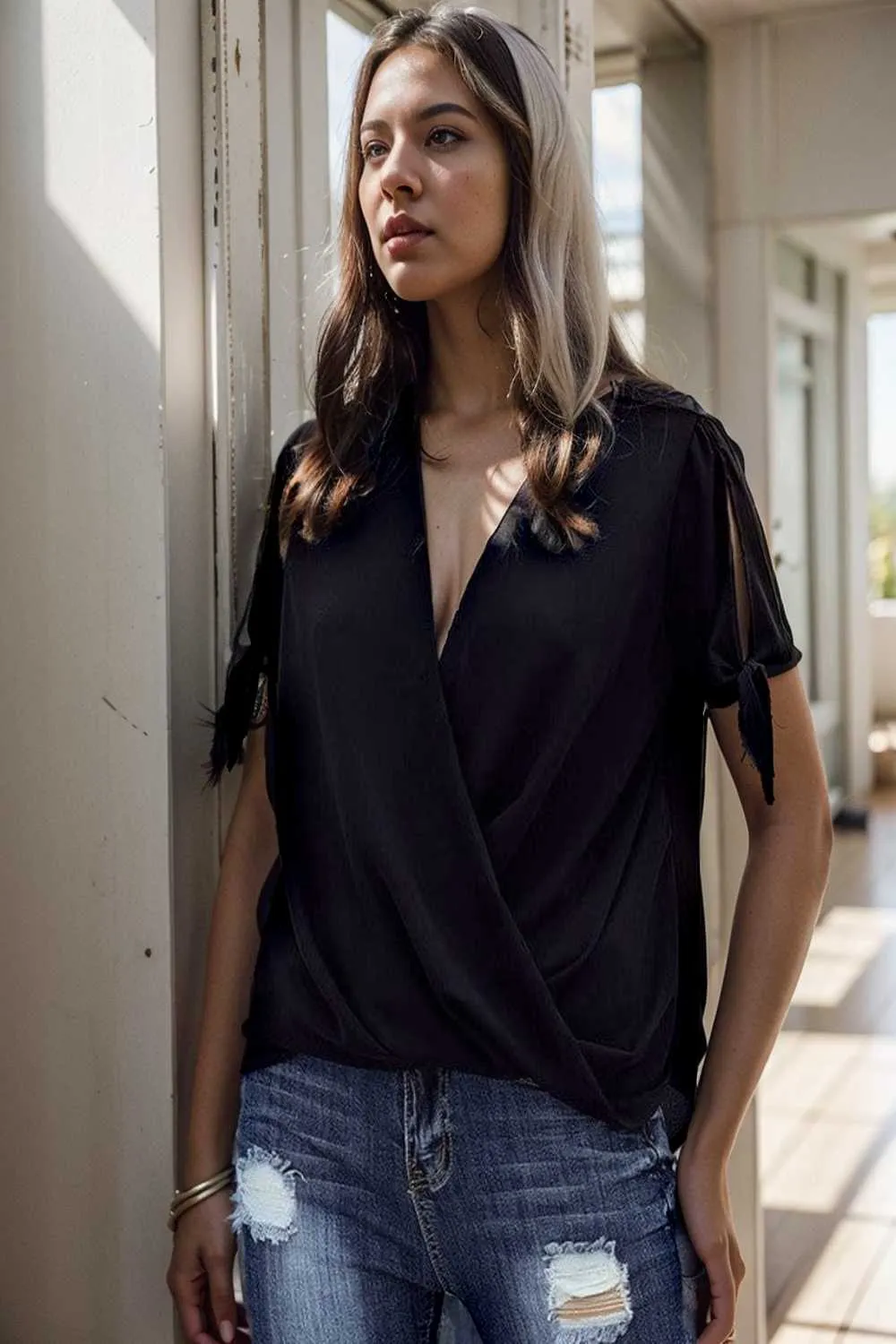 women s blouses loose solid belted long sleeve blouse