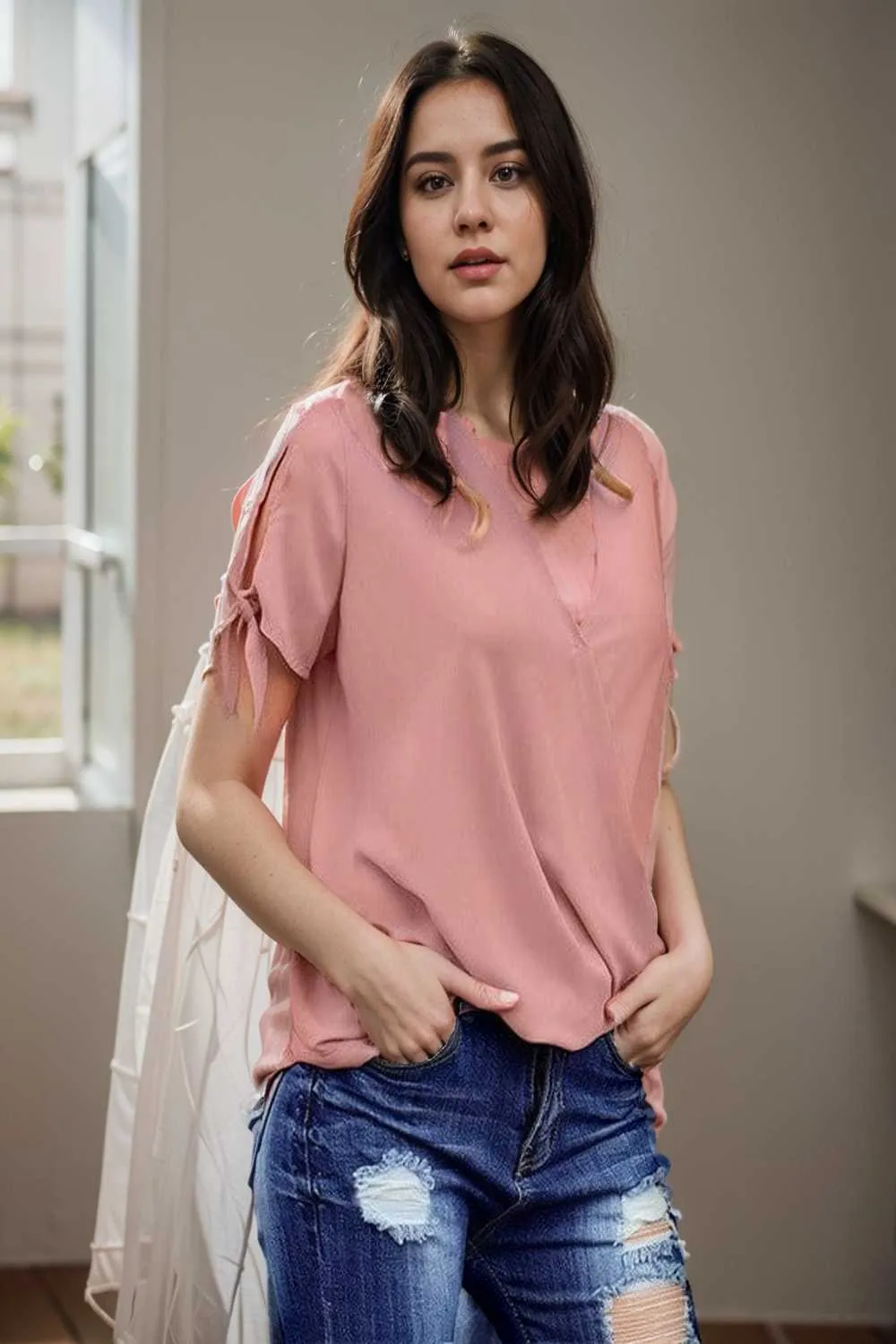women s blouses loose solid belted long sleeve blouse